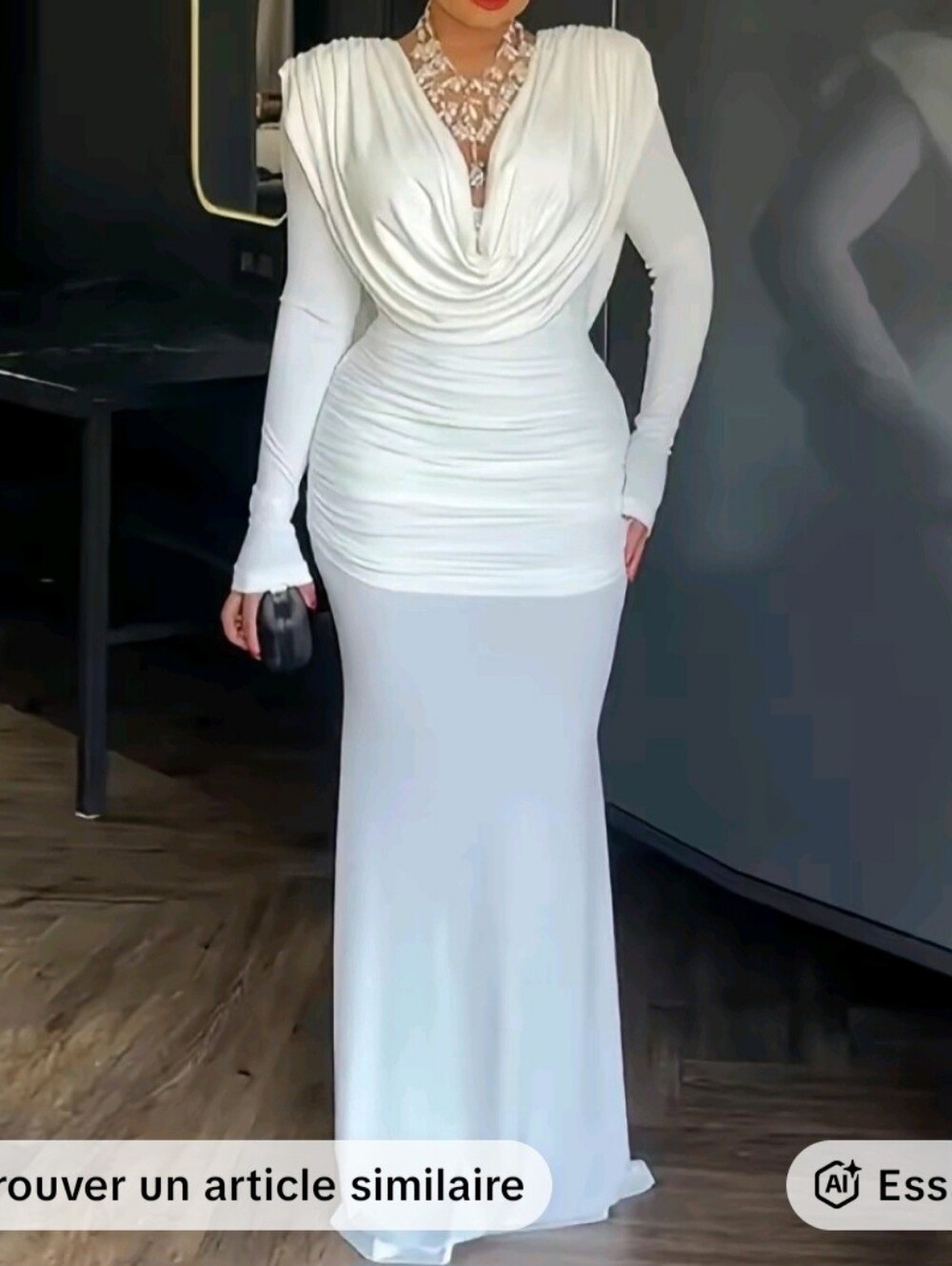 chic White Draped Long-Sleeve Evening Dress